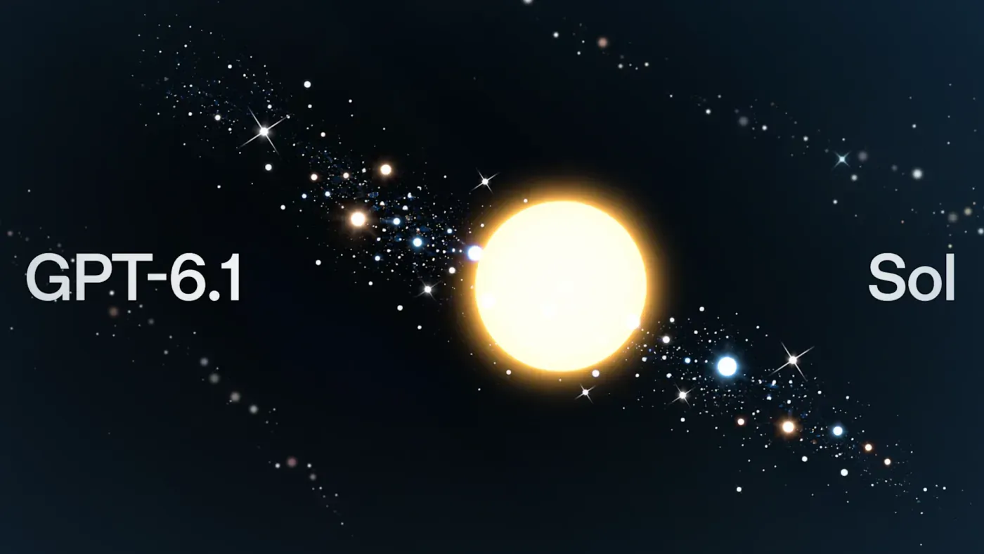 GPT-6.1 Sol 官方发布图，星空背景中的太阳与模型名称